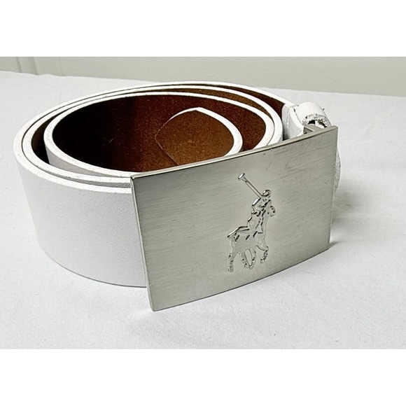 Polo Ralph Lauren Leather‎ Belt Women 36 White Good Silver Pony Plaque H4013 main image 4